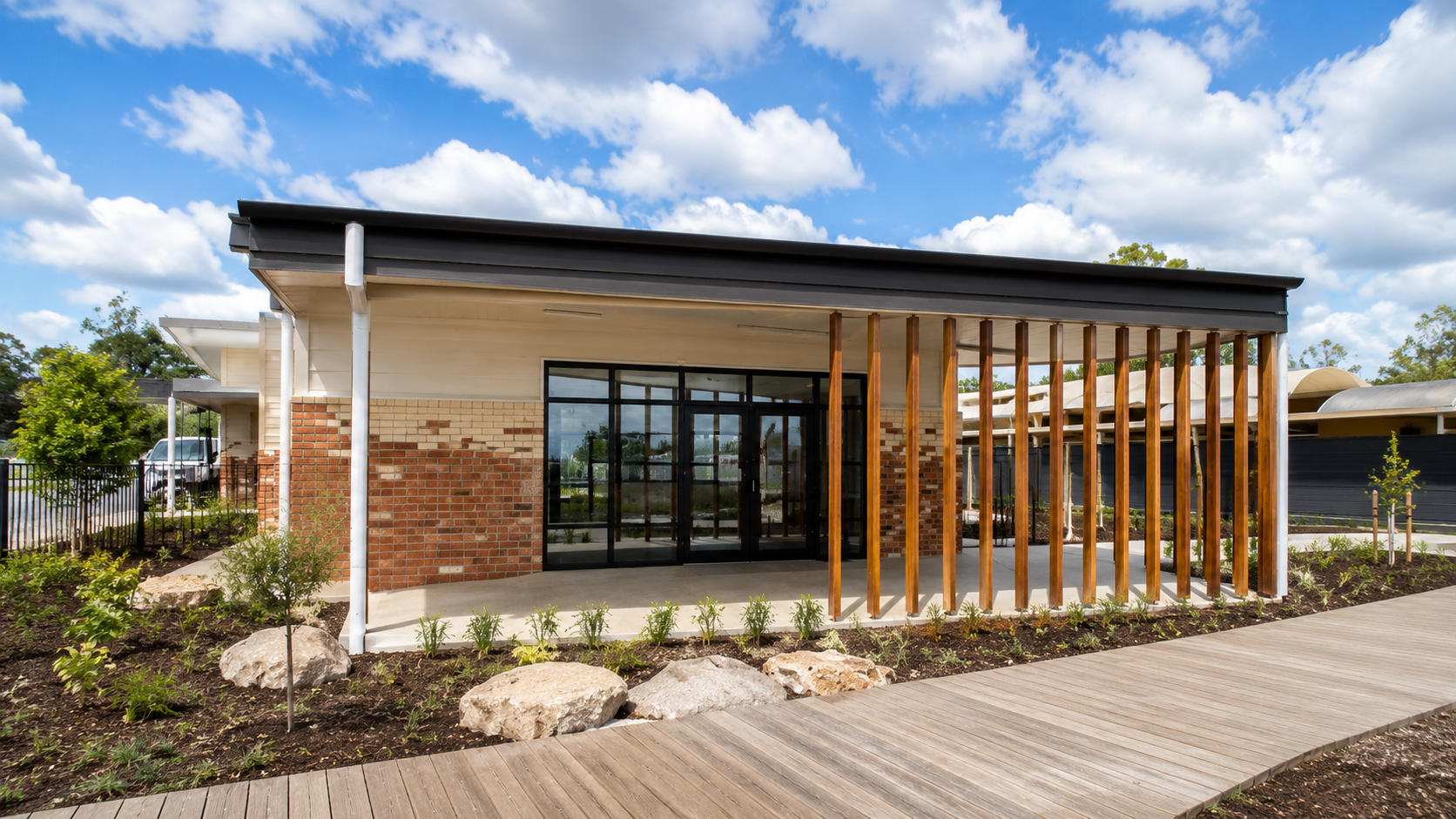 Baringa Special School — front entrance with timber batten screen