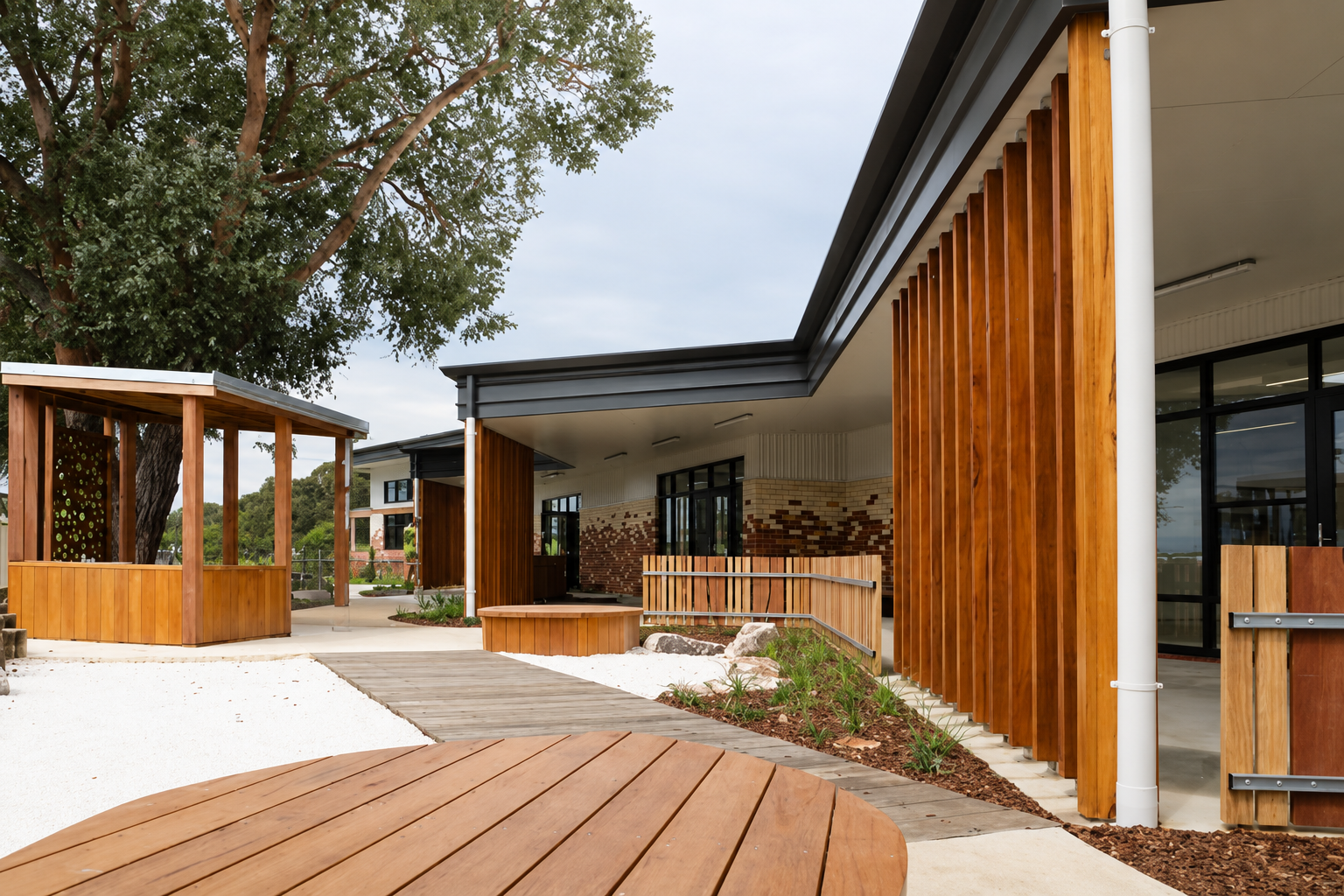 Baringa Special School — covered breezeway with timber batten screen and outdoor deck