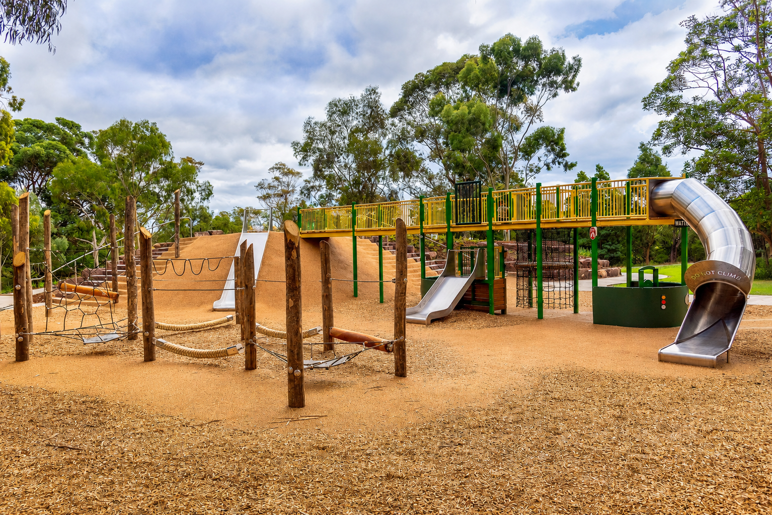 Wattlepark Upgrade — all-abilities playscape with rope challenge course and tunnel slide